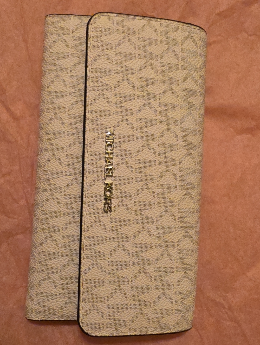 Michael Kors Beige Signature Logo Continental Wallet with Gold Hardware